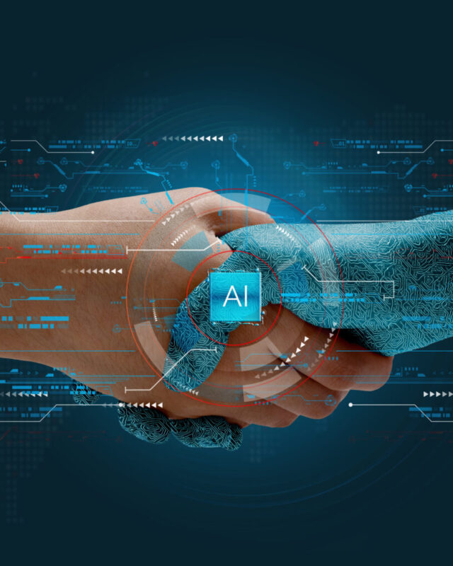Humans shake hands with AI to show partnership. Machine learning